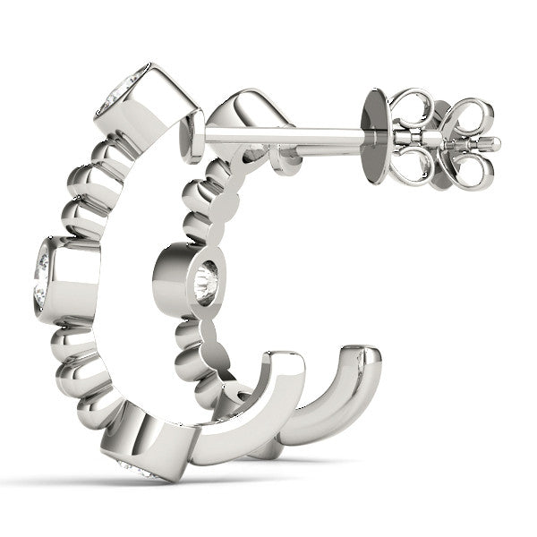 White gold Bezel Set Round Diamond Beaded Hoop Earrings 1