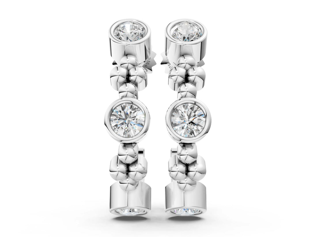 White gold Bezel Set Round Diamond Beaded Hoop Earrings_34