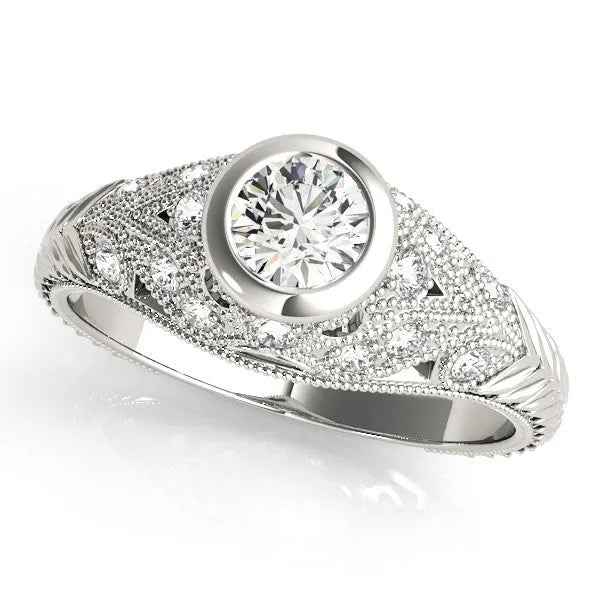 White gold Bezel Set Round Diamond Milgrain Band Ring
