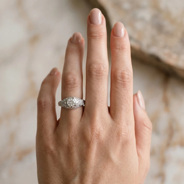 White gold Bezel Set Round Diamond Milgrain Band Ring