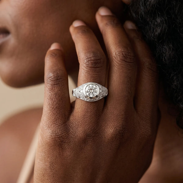 White gold Bezel Set Round Diamond Milgrain Band Ring