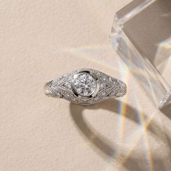 White gold Bezel Set Pear Cut Diamond Milgrain Band Ring