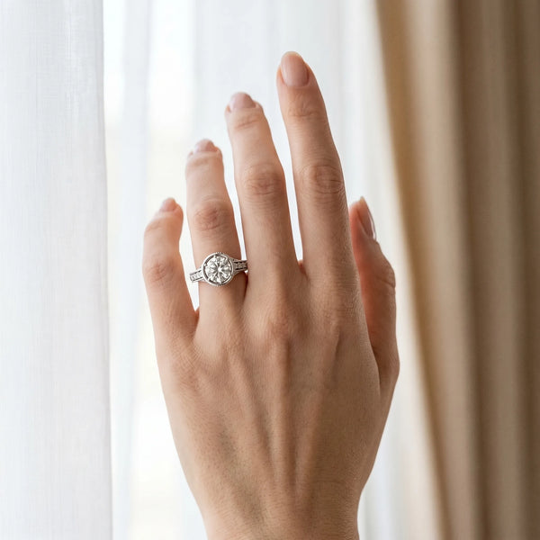 White gold Bezel Set Round Diamond Milgrain Pave Engagement Ring