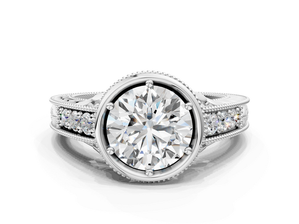 White gold Bezel Set Round Diamond Milgrain Pave Engagement Ring