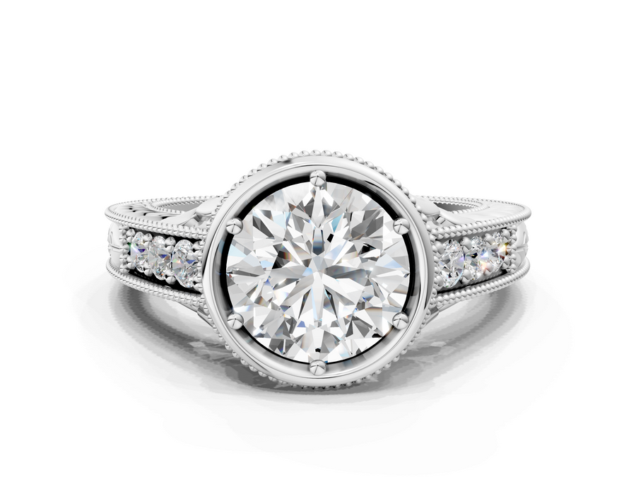 White gold Bezel Set Round Diamond Milgrain Pave Engagement Ring