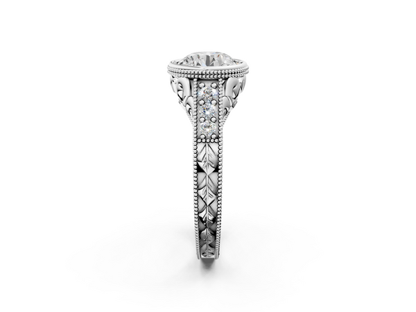 White gold Bezel Set Round Diamond Milgrain Pave Engagement Ring