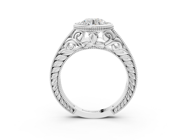 White gold Bezel Set Round Diamond Milgrain Pave Engagement Ring