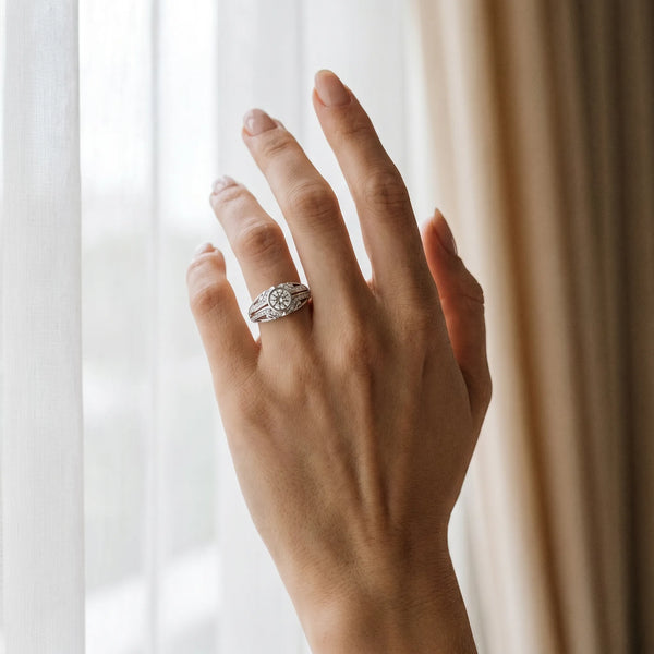 White gold Bezel Set Round Diamond Split Shank Pavé Ring