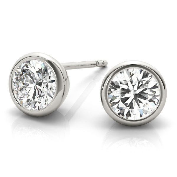 White gold Bezel Set Round Diamond Stud Earrings with Push Back 1