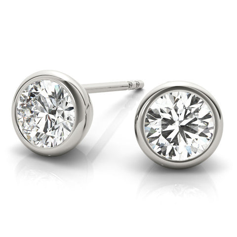 White gold Bezel Set Round Diamond Stud Earrings with Push Back 1