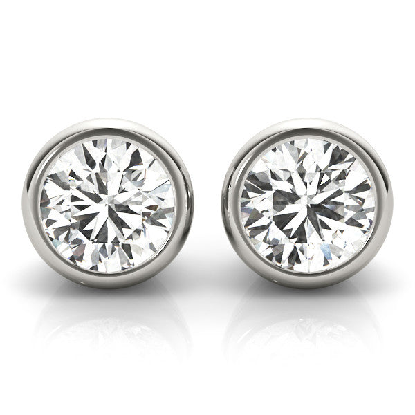 White gold Bezel Set Round Diamond Stud Earrings with Push Back