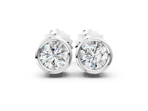 White gold Bezel Set Round Diamond Stud Earrings with Push Back
