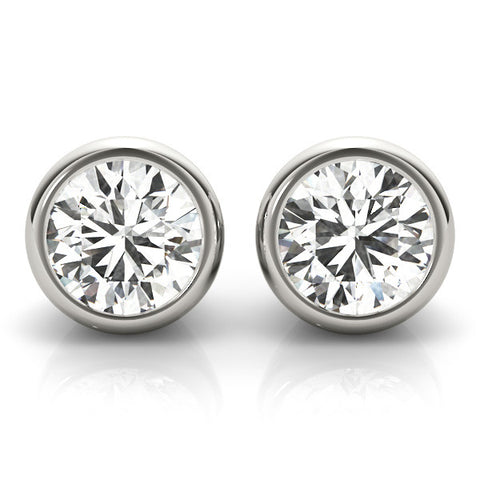 White gold Bezel Set Round Diamond Stud Earrings with Push Back