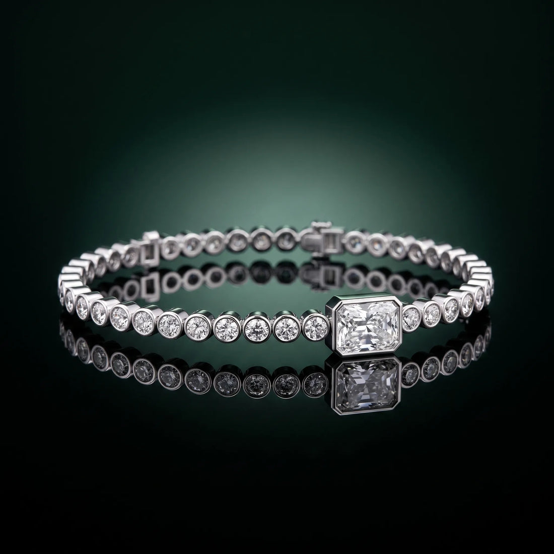 White gold Bezel-Set Round Diamond Tennis Bracelet with Radiant Center Diamond_20