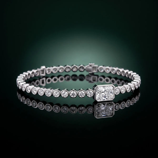 White gold Bezel-Set Round Diamond Tennis Bracelet with Radiant Center Diamond