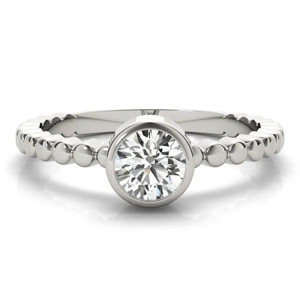 White gold Bezel Set Round Solitaire Beaded Band Ring