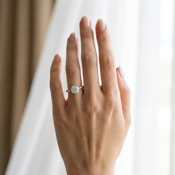 White gold Bezel Set Round Solitaire Beaded Band Ring