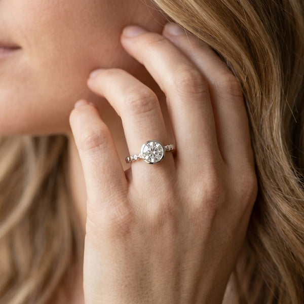 White gold Bezel Set Round Solitaire Beaded Band Ring