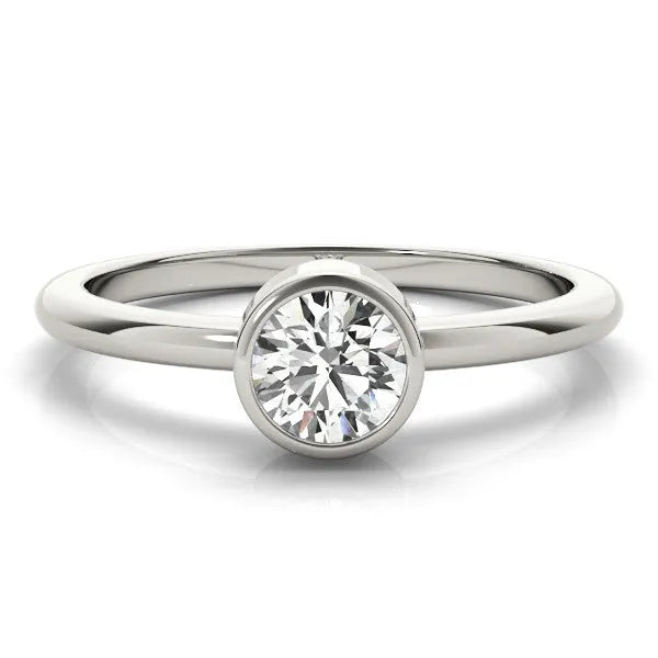 White gold Bezel Set Round Solitaire Engagement Ring with Classic Band