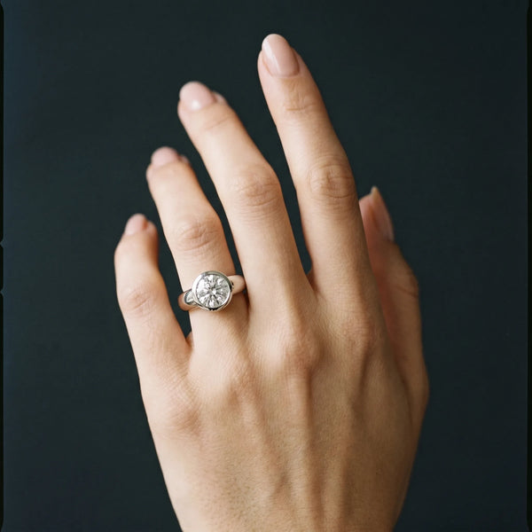White gold Bezel Set Round Solitaire Ring with Wide Band