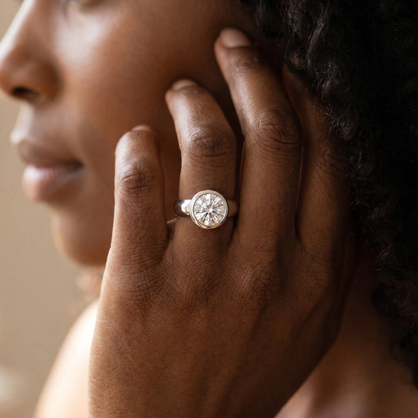 White gold Bezel Set Round Solitaire Ring with Wide Band