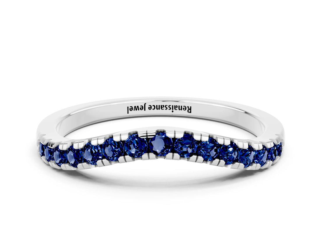 White gold Blue Sapphire Pavé Curved Wedding Band_6
