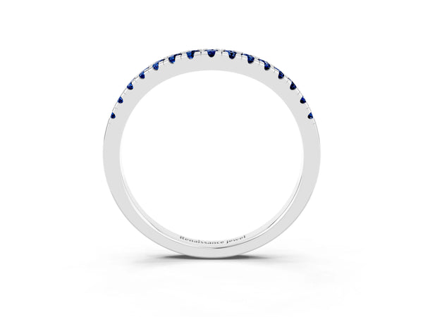 Platinum Round Lab-Grown Blue Sapphire Pave Contour Wedding Band with Shared Prongs