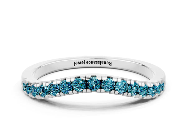 Platinum Round Blue Topaz Pave Contour Wedding Band with Shared Prongs