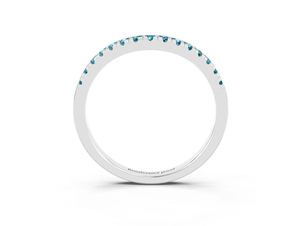 Platinum Round Blue Topaz Pave Contour Wedding Band with Shared Prongs