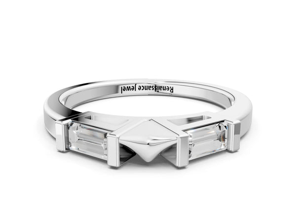 White gold Channel Set Baguette Diamond Flat Band with Bar Prong Setting