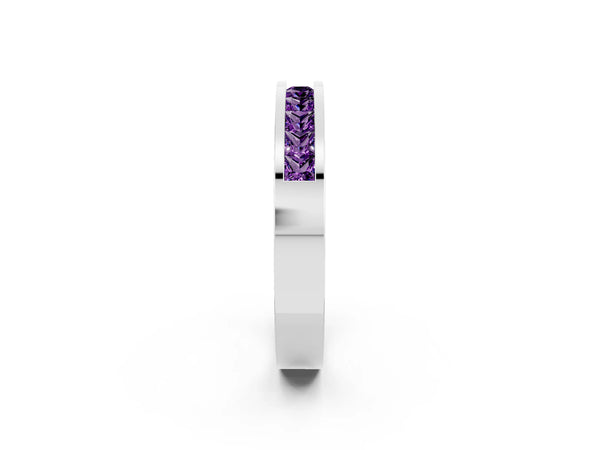 White Gold Princess Cut Amethyst Channel Set Wedding Band with Flat Rails