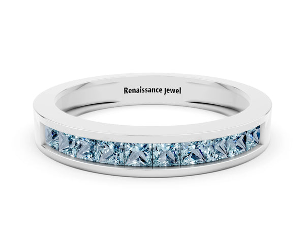 White Gold Princess Cut Aquamarine Channel Set Wedding Band with Flat Rails