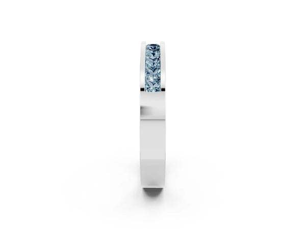 White Gold Princess Cut Aquamarine Channel Set Wedding Band with Flat Rails