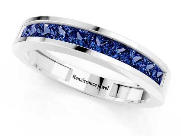 White Gold Princess Cut Lab-Grown Blue Sapphire Channel Set Wedding Band with Flat Rails