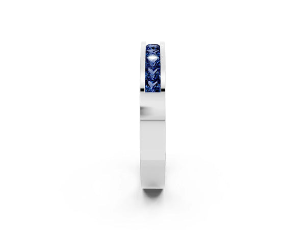 White Gold Princess Cut Lab-Grown Blue Sapphire Channel Set Wedding Band with Flat Rails
