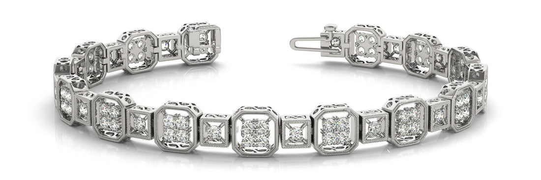 White gold Channel Set Princess Cut Diamond Tennis Bracelet with Milgrain Detailing