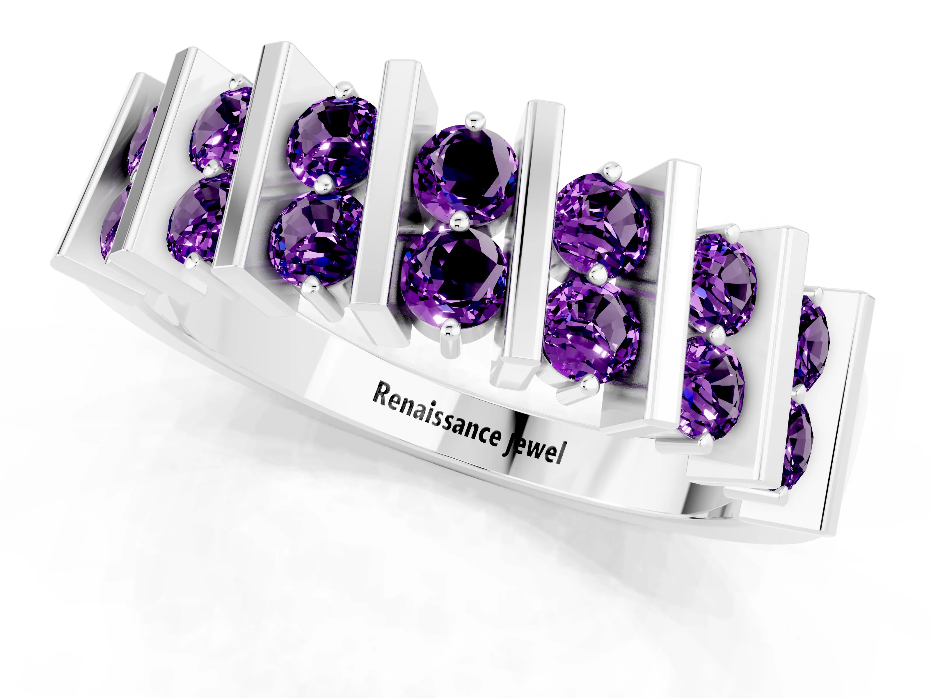 White gold Channel Set Round Amethyst Anniversary Band with Vertical Prongs_7