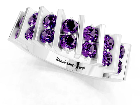 White gold Channel Set Round Amethyst Anniversary Band with Vertical Prongs_7