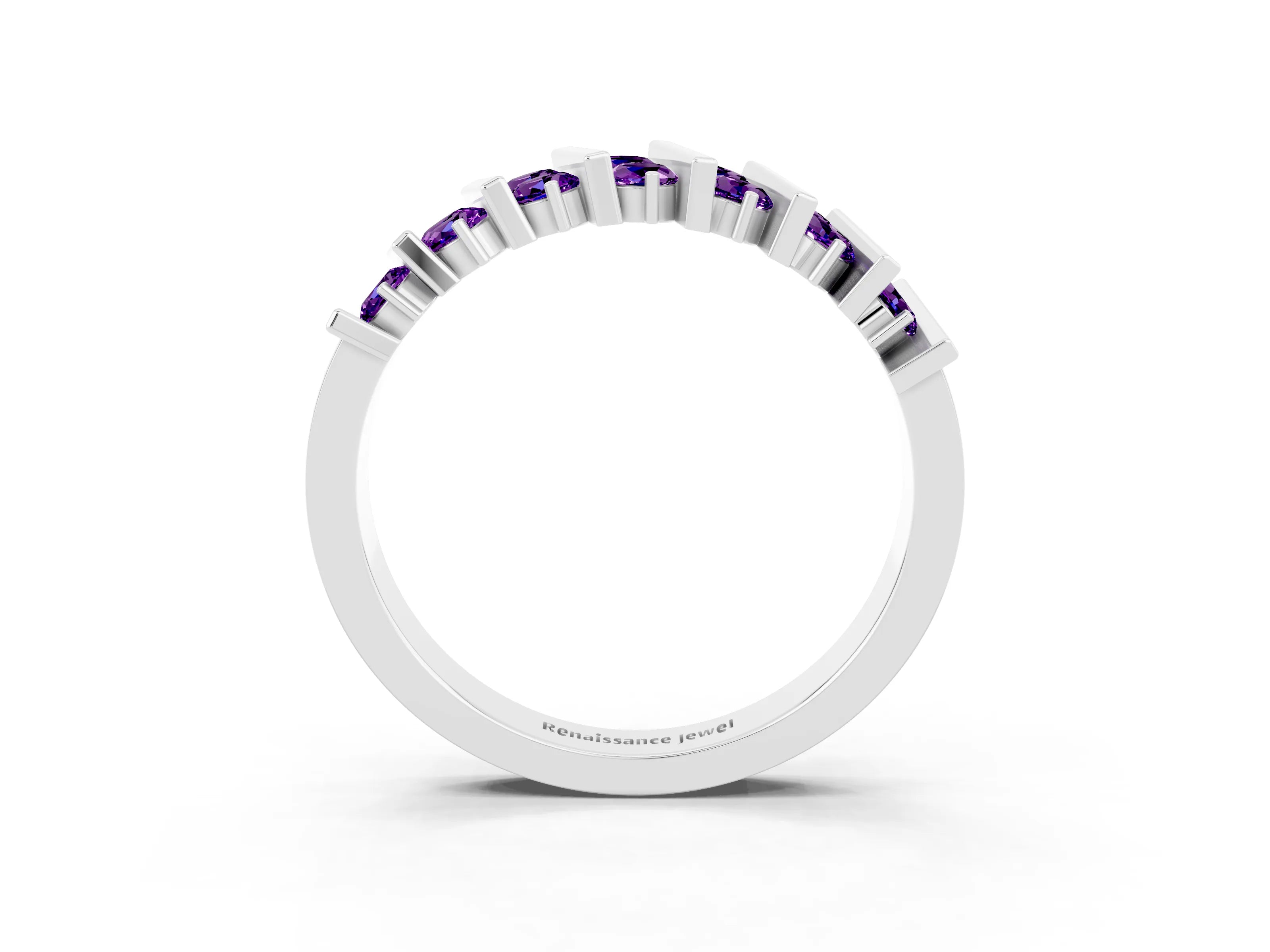 White gold Channel Set Round Amethyst Anniversary Band with Vertical Prongs_9