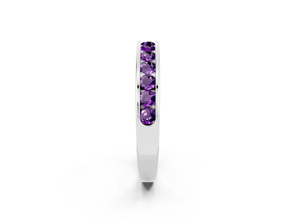 White Gold Round Amethyst Channel Set Half Eternity Band with Plain Walls