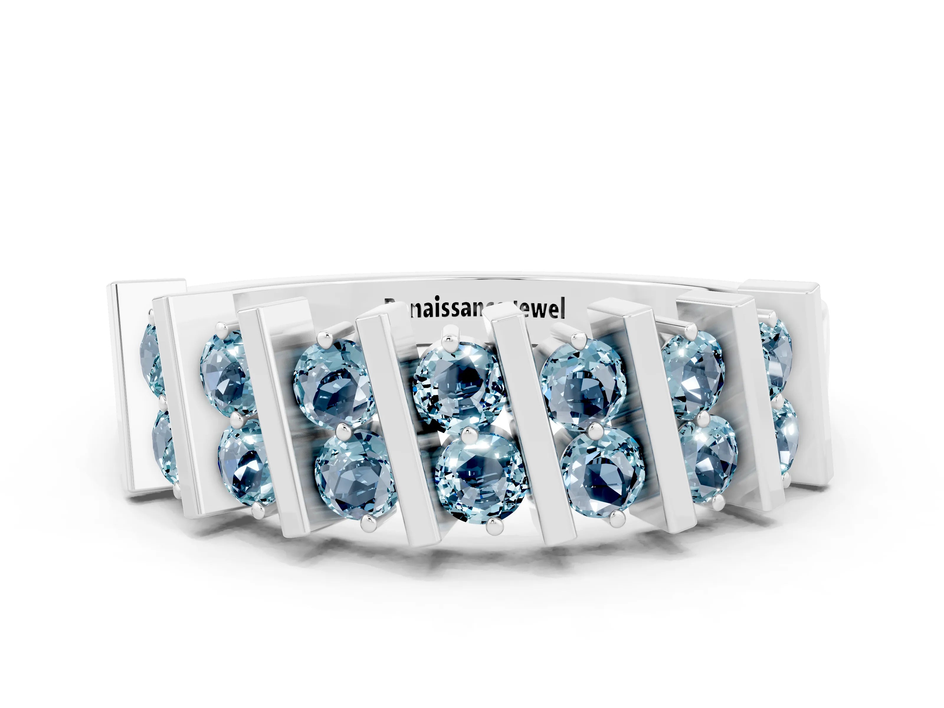 White gold Channel Set Round Aquamarine Anniversary Band with Vertical Prongs_6