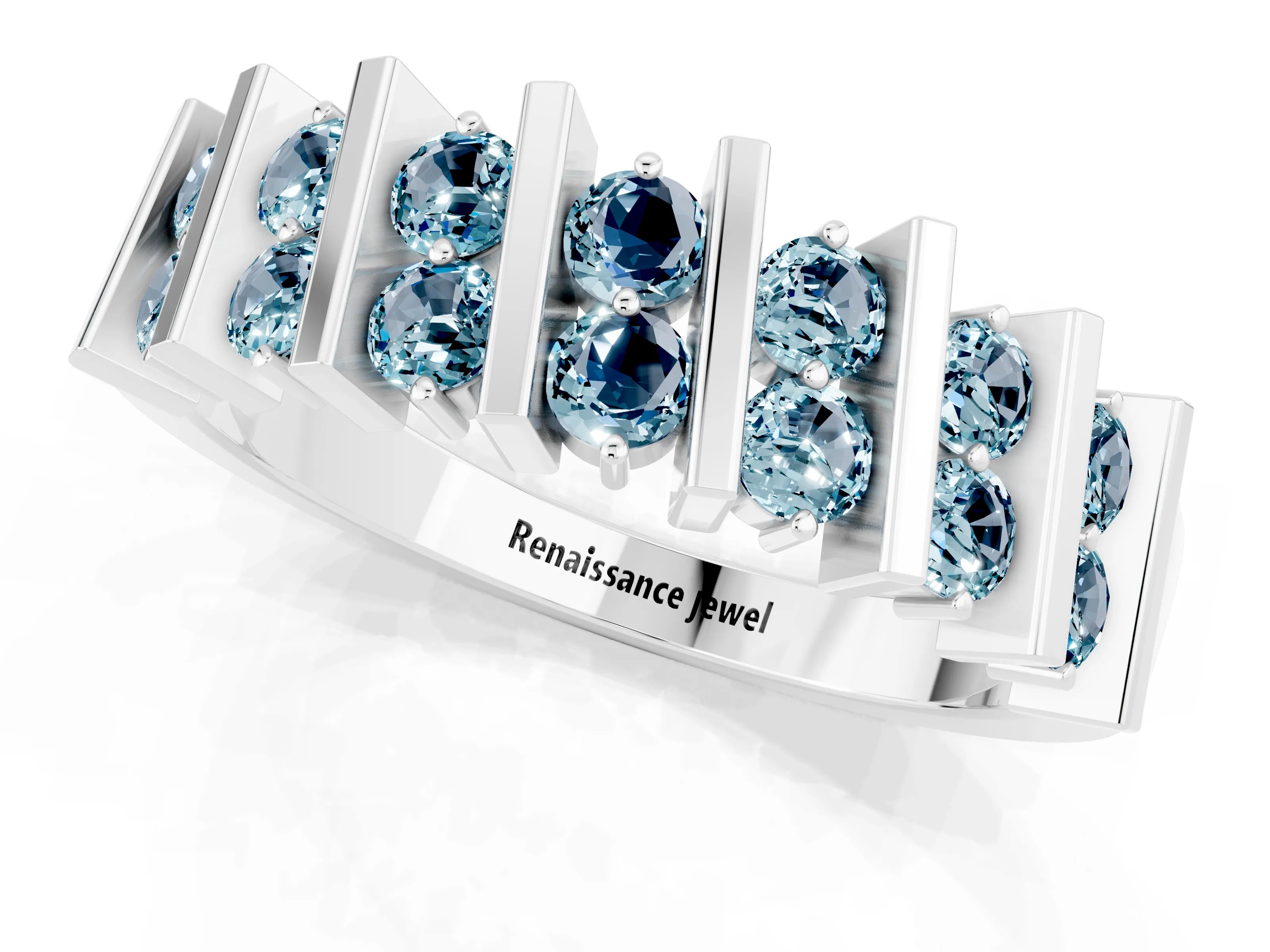 White gold Channel Set Round Aquamarine Anniversary Band with Vertical Prongs_7