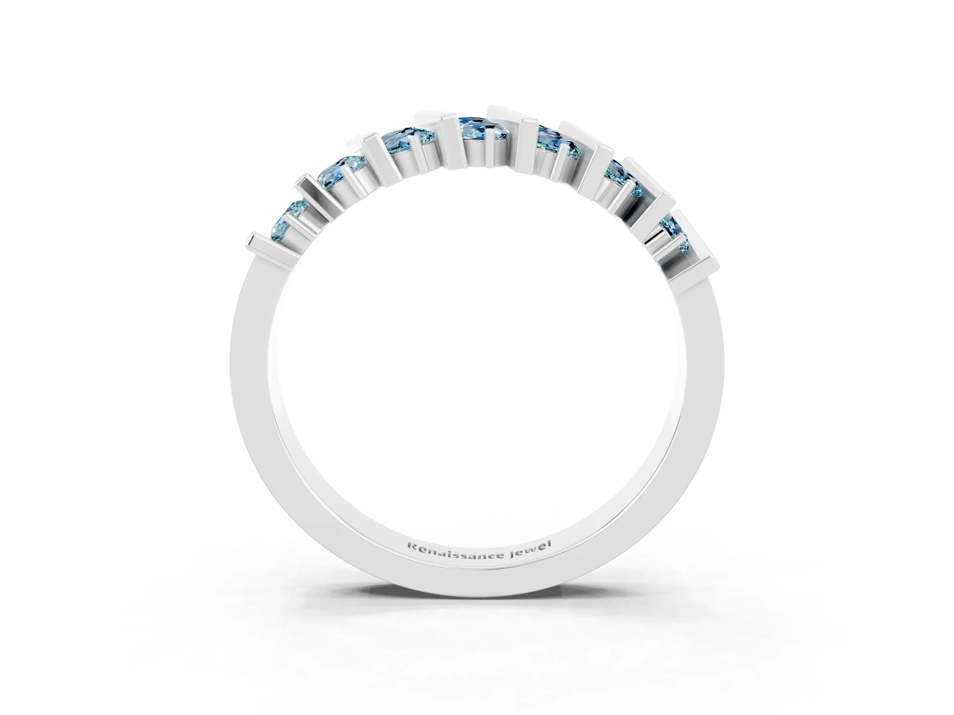 White gold Channel Set Round Aquamarine Anniversary Band with Vertical Prongs_9