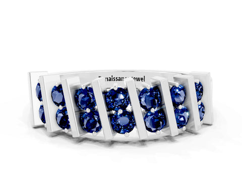 White gold Channel Set Round Blue Sapphire Anniversary Band with Vertical Prongs_6