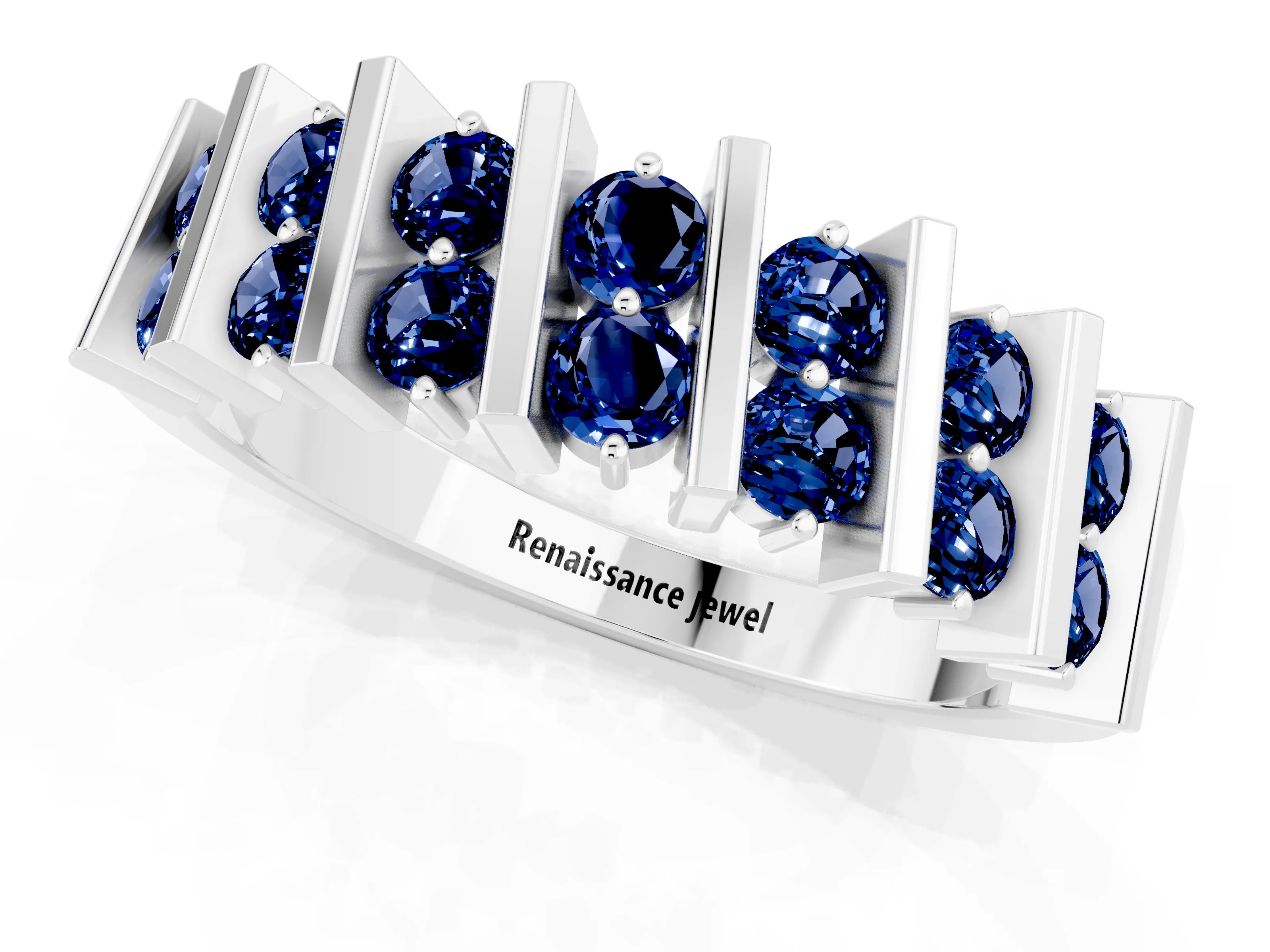 White gold Channel Set Round Blue Sapphire Anniversary Band with Vertical Prongs_7