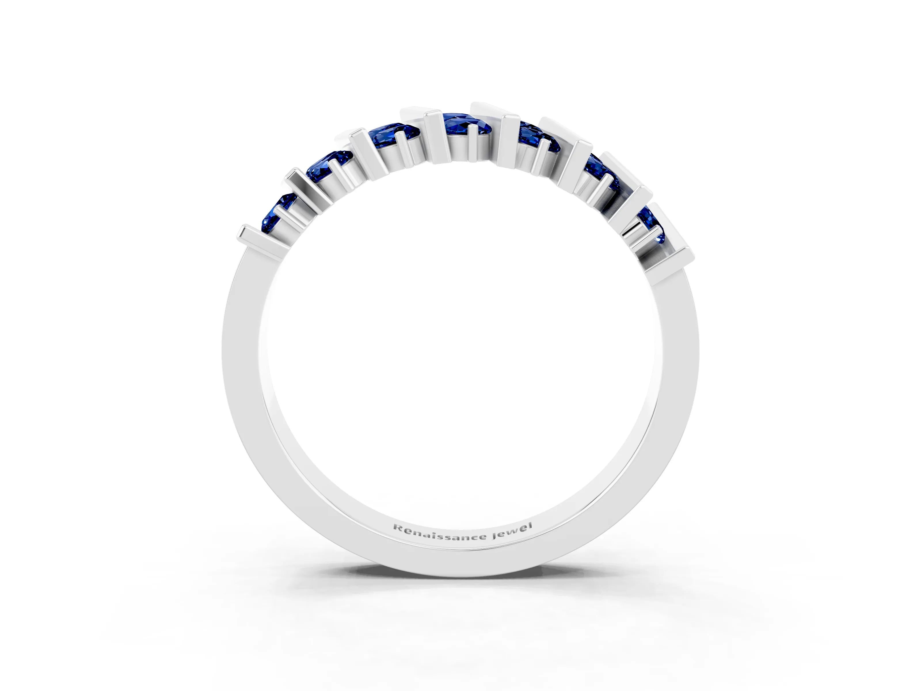 White gold Channel Set Round Blue Sapphire Anniversary Band with Vertical Prongs_9