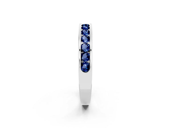 White Gold Round Lab-Grown Blue Sapphire Channel Set Half Eternity Band with Plain Walls