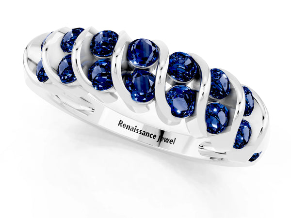 Silver Channel Set Round Blue Sapphire Multi-Row Band