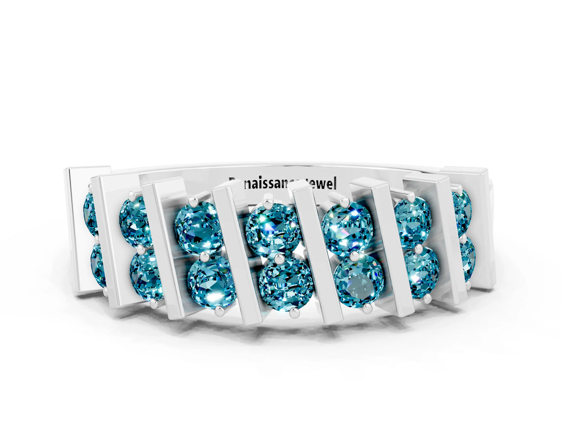 White gold Channel Set Round Blue Topaz Anniversary Band with Vertical Prongs_6