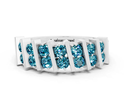 White gold Channel Set Round Blue Topaz Anniversary Band with Vertical Prongs_6
